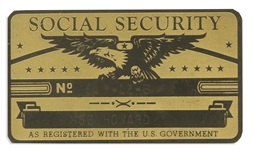 Moe Howards Metal Social Security Card -- Engraved Moe Howard on Front -- Metal Cards Were Popular in the 1930s but Privately Printed, Not by the Government -- 3.5 x 2, Near Fine